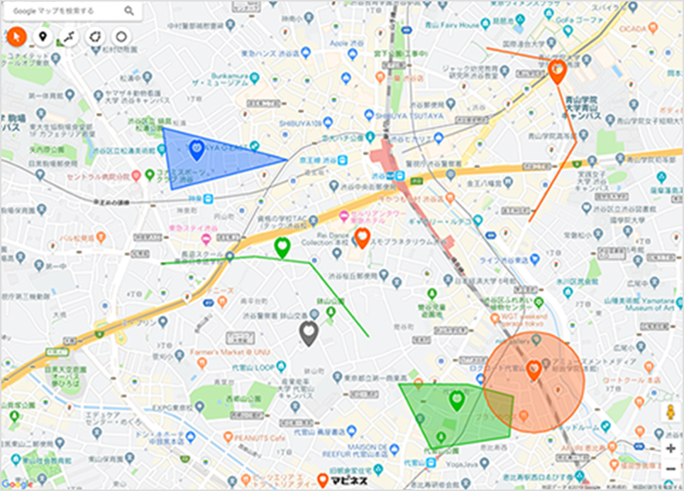 マーカーやポリゴン等、様々なデータを表示した地図のイメージ