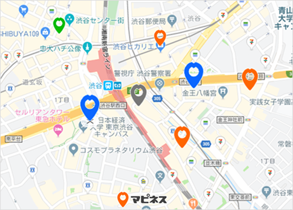 ステータスに応じてマーカーの色分けをした地図のイメージ