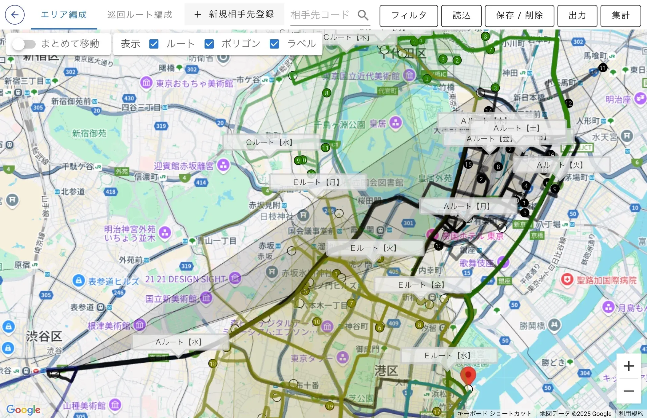 自動販売機の商品補充を最適化するルート管理とエリア編成の画面イメージ