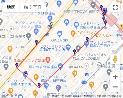 After-出発地 headingに270 (西向き)を指定した場合  (出発地黄色いマーカー)
